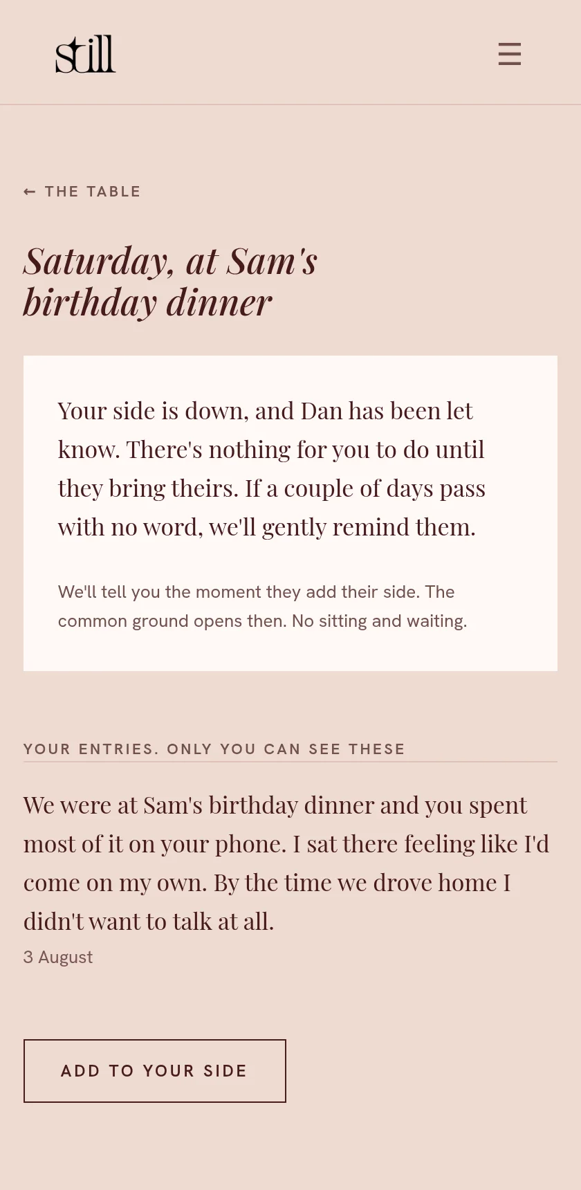 Maya's thread view: her full entry shown under the heading 'Your entries. Only you can see these', with a note that Dan has been let know.