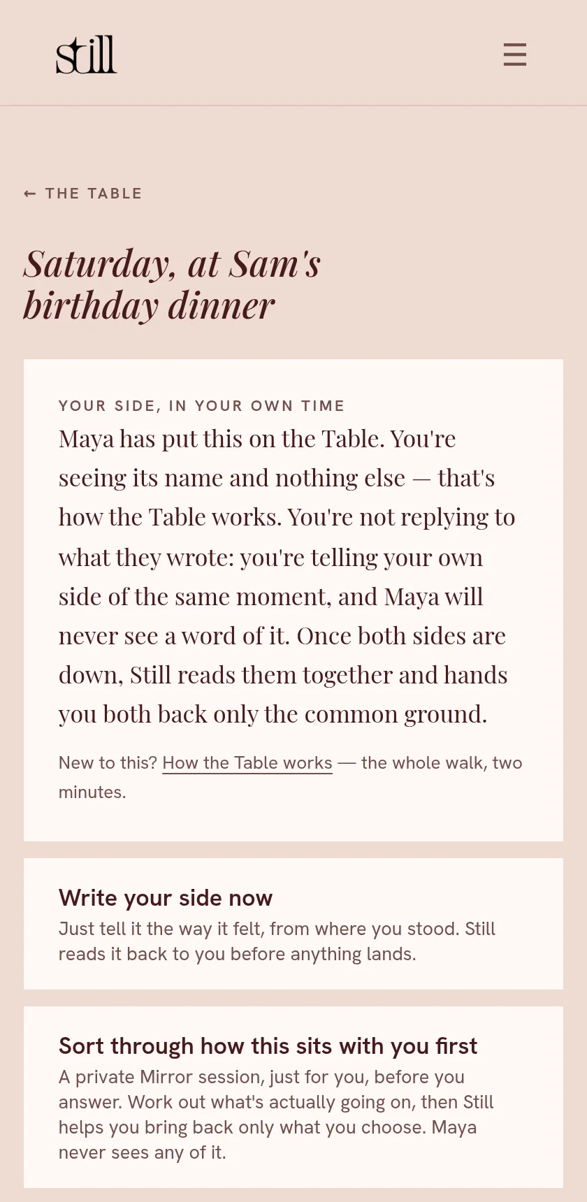 Dan's thread view: the thread name, a card explaining he sees only the name and is not replying, and the choices to write his side or sort through it privately first.