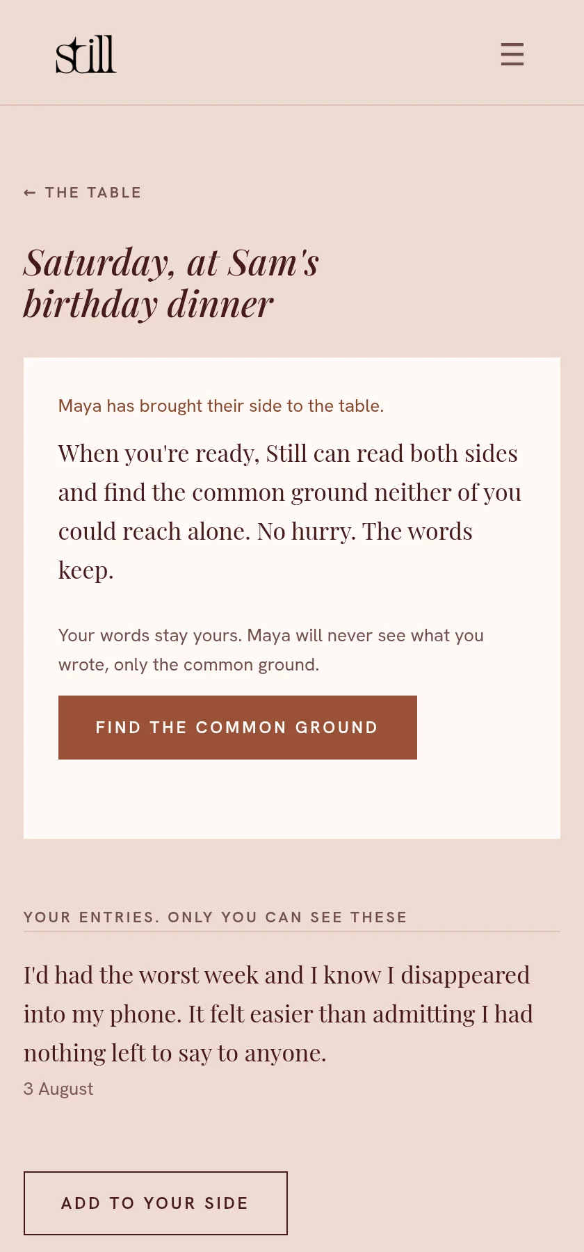 Dan's thread view: his own entry, a note that Maya has brought her side, and the same 'Find the common ground' button. None of Maya's words appear.