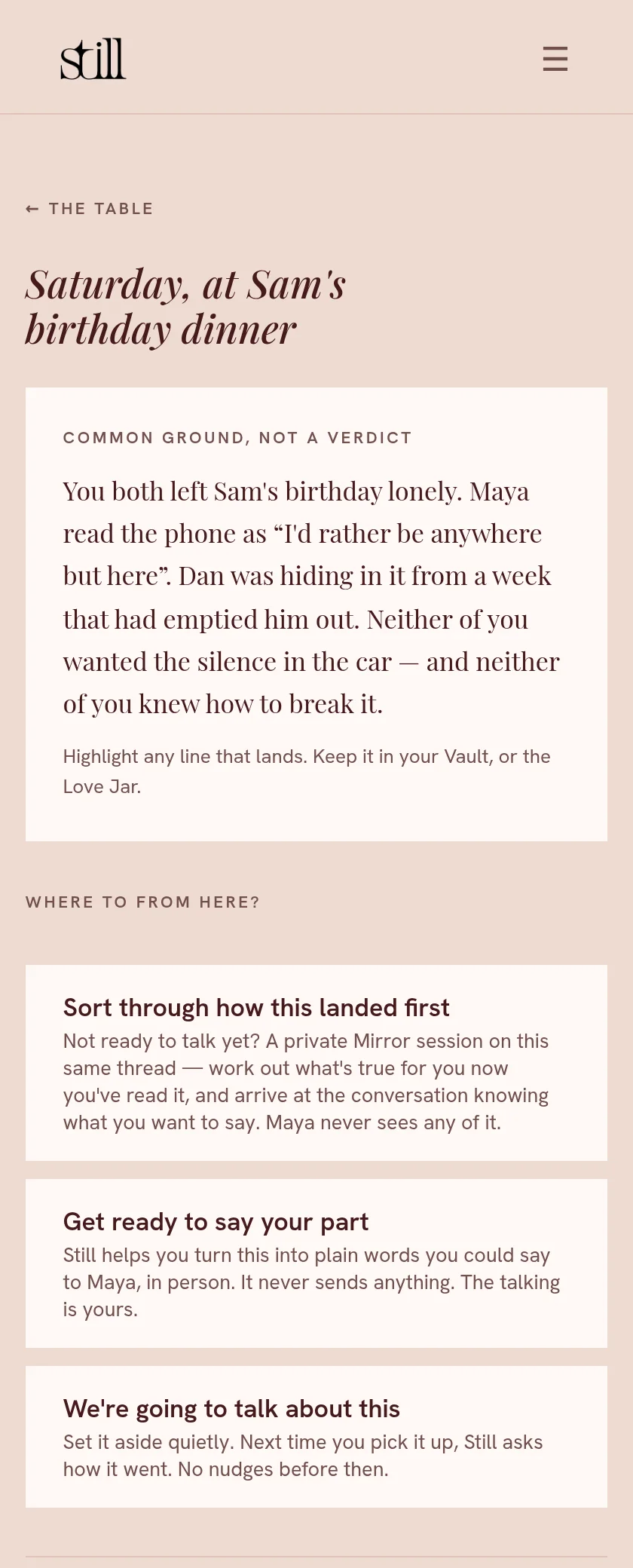 Dan's thread view showing the same common ground card, word for word identical to Maya's.